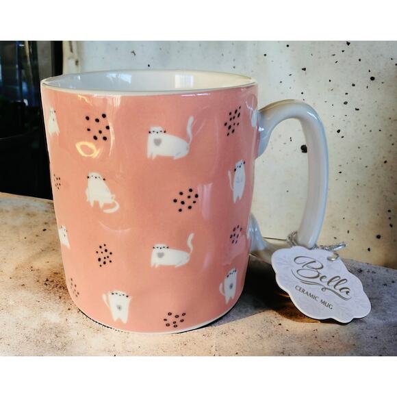 NEW Bella Pink & White Black Polka Dots Soft Kitten Cats 16oz Coffee Tea Mug - Picture 1 of 2